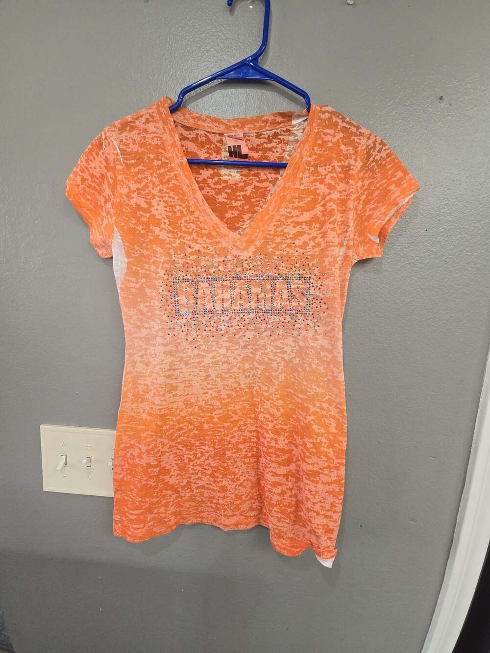 HL V-Neck Burnout T-Shirt Size XL Orange Rhinestone